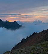 Mist in the mountains at dusk.